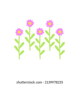 Group of abstract pink flowers on leafy stems. Flower row or garden bed. Flat vector illustration isolated on white.