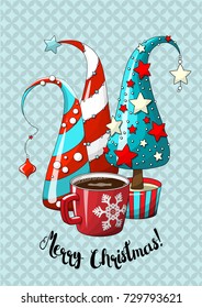 group of abstract red and blue christmas trees and red coffee cup on blue background, holiday motive, vector illustration, eps 10 with transparency