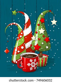group of abstract red and green christmas trees and red coffee cup on blue background, holiday motive, vector illustration, eps 10 with transparency