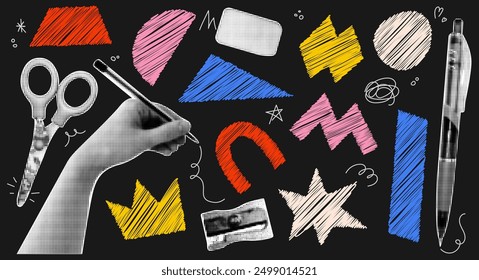 Group of abstract shapes in naive style with cutout paper collage halftone hand, pen, sharpener, scissors and rubber eraser on black background.