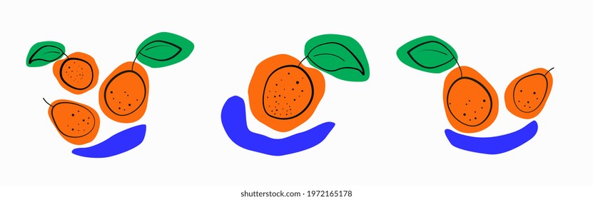 A group of abstract vector images of fruit shapes. Modern hand-drawn vector patterns. Backgrounds, textures. Minimalistic elegant concept. Bright colors.