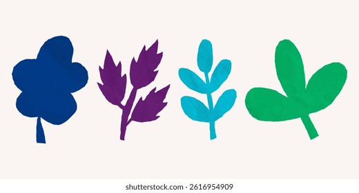 Group of abstract wildflower flat leaf shapes with jagged torn edges. Textured crumpled paper, gritty halftone style, collage elements for posters and scrapbooking.