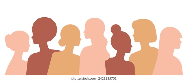 Grupo de mujeres abstractas en silueta de perfil en diseño de estilo plano.  8 de marzo, Día Internacional de la Mujer. Ilustración vectorial en color de papel aislado sobre fondo blanco