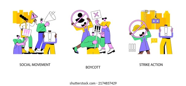 Group action abstract concept vector illustration set. Social movement, boycott and cancel culture, strike action, public protest, anti globalism and consumer activism, solidarity abstract metaphor.