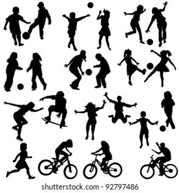 Group of active children, hand drawn silhouettes of kids playing