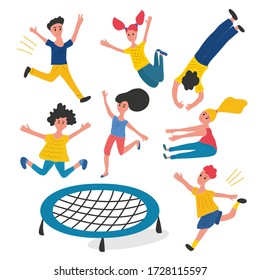 A group of active friends jumping and bouncing on a trampoline. People jump vector illustration. Cheerful boys and girls isolated. Jumping fun friends background. 