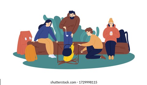 Group of active friends sitting by campfire together vector flat illustration. Tourist camper characters cooking food resting after hiking isolated on white. People enjoying outdoors recreation