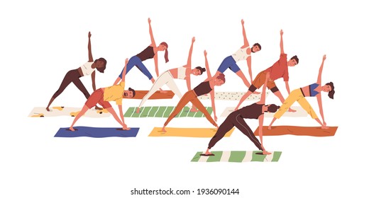 Group of active people exercising together. Scene with men and women standing in asana during yoga fitness class with coach or teacher. Colored flat vector illustration isolated on white background