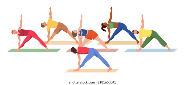 Grupo de personas activas haciendo ejercicio juntos en el gimnasio. Hombres y mujeres parados en asana durante la clase de fitness de yoga con entrenador o profesor. Concepto de entrenamiento deportivo. Ilustración aislada del vector plano de color 