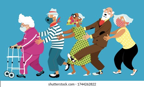 Group Of Active Seniors Dancing Conga Line And Wearing Protective Non-medical Facial Masks To Prevent Spread Of Covid-19, EPS 8 Vector Illustration