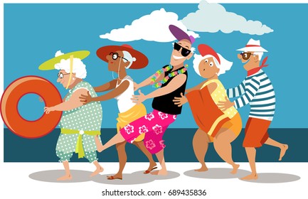 Group of active seniors dancing a conga line dance on the beach, EPS 8 vector illustration