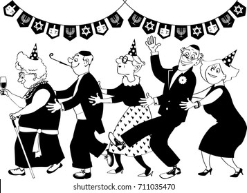 Group Of Active Seniors Dancing Conga Line At Hanukkah Party, EPS 8 Vector Line Art, No White Objects, Only Black