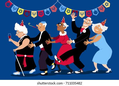 Group Of Active Seniors Dancing Conga Line At Hanukkah Party, EPS 8 Vector Illustration