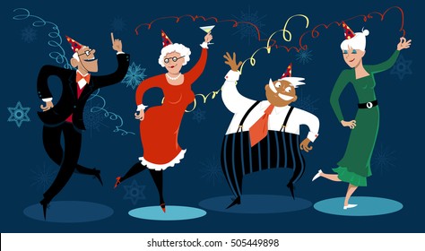 Group of active seniors dancing at a winter holidays party, EPS 8 vector illustration, no transparencies 