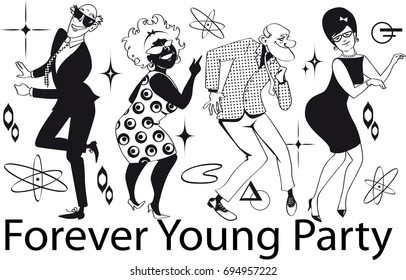 Group Of Active Seniors Dressed In 1960th Fashion Dancing At A Retro Dance Party, EPS 8 Vector Line Art, No White Objects, Black Only9