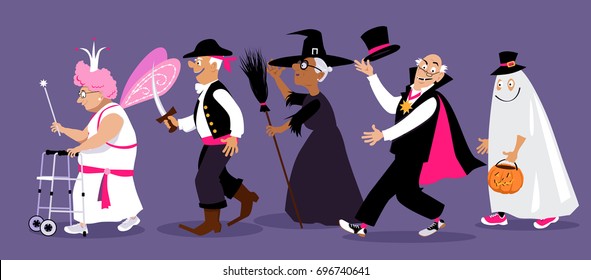 Group of active seniors dressed in Halloween costume, EPS 8 vector illustration