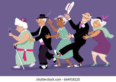 Group of active seniors dressed in retro fashion dancing conga line, EPS 8 vector illustration