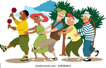 Group Of Active Seniors Led By A Young Volunteer In A Conga Line Dance, EPS 8 Vector Illustration