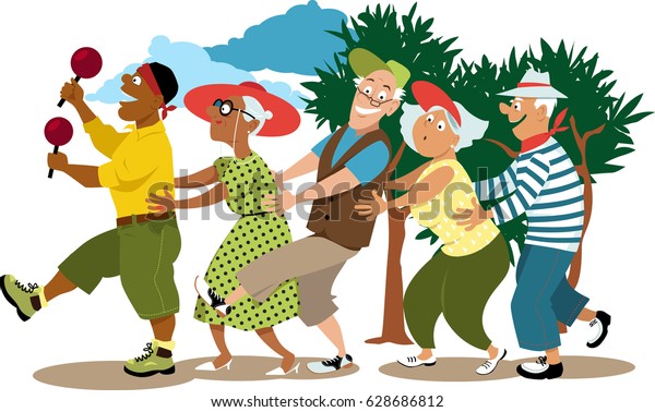 Group of active seniors led by\
a young volunteer in a conga line dance, EPS 8 vector\
illustration