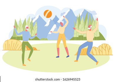 Group of Active Seniors Playing Ball on Field Outdoors. Aged Men and Woman Having Fun in Outdoor Activity and Sport Recreation. Nursing Home Leisure or Meeting Friends Cartoon Flat Vector Illustration