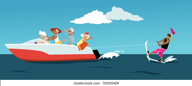 Group of active seniors riding a motorboat and water skiing, EPS 8 vector illustration