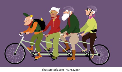 Group Of Active Seniors Riding A Tandem Bike, EPS 8 Vector Illustration, No Transparencies