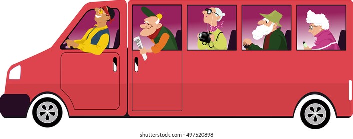 Group of active seniors riding in a van, EPS 8 vector illustration, no transparencies