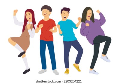 group of active teenagers rejoicing in their achievements. Victory poses. Vector illustration of smiling children showing joy