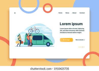 Group of active tourists gathering at vehicle. Minivan with bike on top moving flat vector illustration. Outdoor activity, adventure travel concept for banner, website design or landing web page