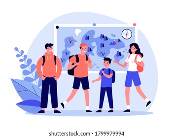 Group of active tourists meeting for hiking. Young people with backpacks at landscape map flat vector illustration. Travel, adventure, tourism concept for banner, website design or landing web page
