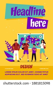 Group of active tourists meeting for hiking. Young people with backpacks at landscape map flat vector illustration. Travel, adventure, tourism concept for banner, website design or landing web page