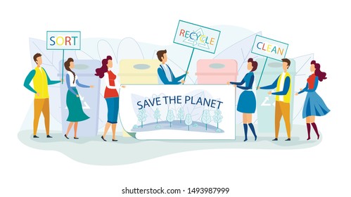 Group of Activist People Demonstration for Environmental Protection and Reduce Nature Pollution Holding Banners with Save Planet, Sort, Recycle, Clean Inscriptions. Cartoon Flat Vector Illustration