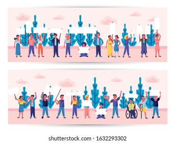 group of activist people protesting in the camp vector illustration design