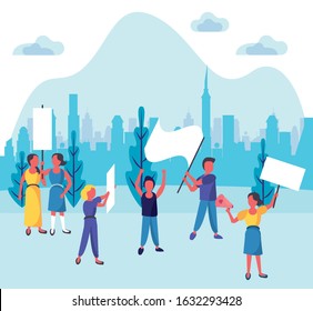 group of activist people protesting in the camp vector illustration design