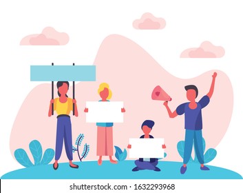 group of activist people protesting in the camp vector illustration design
