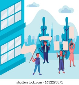 group of activist people protesting on the city vector illustration design
