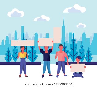 group of activist people protesting on the city vector illustration design