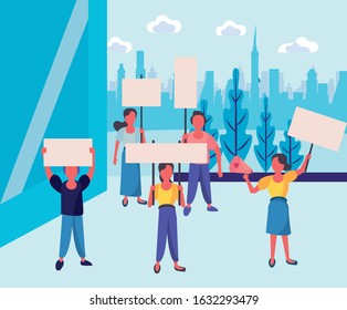 group of activist people protesting on the city vector illustration design