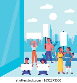 group of activist people protesting on the city vector illustration design