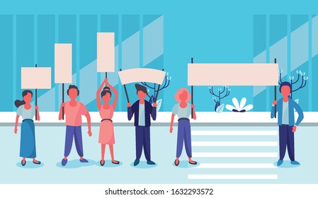 group of activist people protesting on the city vector illustration design