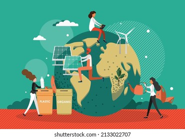 Group of activists, ecologists take care of planet Earth globe. Eco friendly lifestyle, save environment, ecology vector