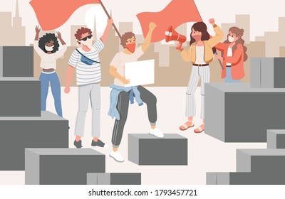 Group of activists at meeting in the city vector flat cartoon illustration. Men and women wearing protective face masks and holding red flags, loudspeakers and placards, protesting.