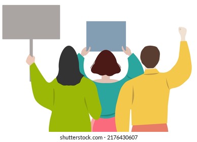 A group of activists with placards protest against human rights violations. Flat vector illustration. View from the back