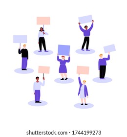 Un grupo de activistas protestando con cartón en blanco. Diferentes personas en un paro laboral con afiches. Ilustración vectorial plana
