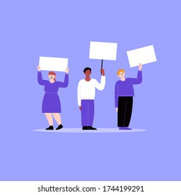 A group of activists protesting with blank cardboards. Different people on a working strike holding posters. Flat vector illustration