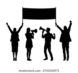 Group activists speaking through megaphone and holding protest banner sign at demonstration outdoor front view black silhouette isolated on white background vector illustration.