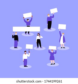 A group of activists wearing face masks protesting with blank cardboards. Different people on a working strike holding posters. Pandemic protest concept. Flat vector illustration
