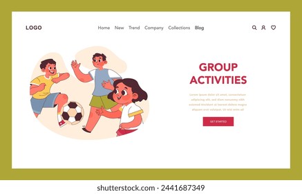 Group Activities concept. Energetic children engaging in playful soccer game, showcasing teamwork and the joy of sports among friends. Flat vector illustration