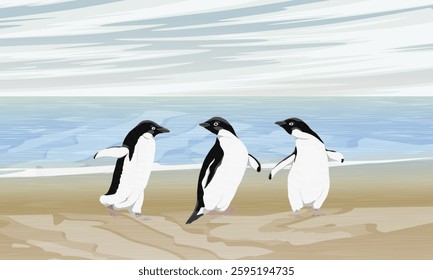 Group of Adelie penguins walking one after another on a sandy beach. Wild realistic flightless birds of Antarctica.