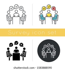 Group administered survey icon. Public opinion polling. Social research. Feedback. Sampling. Customer satisfaction. Voting. Glyph design, linear, chalk and color styles. Isolated vector illustrations